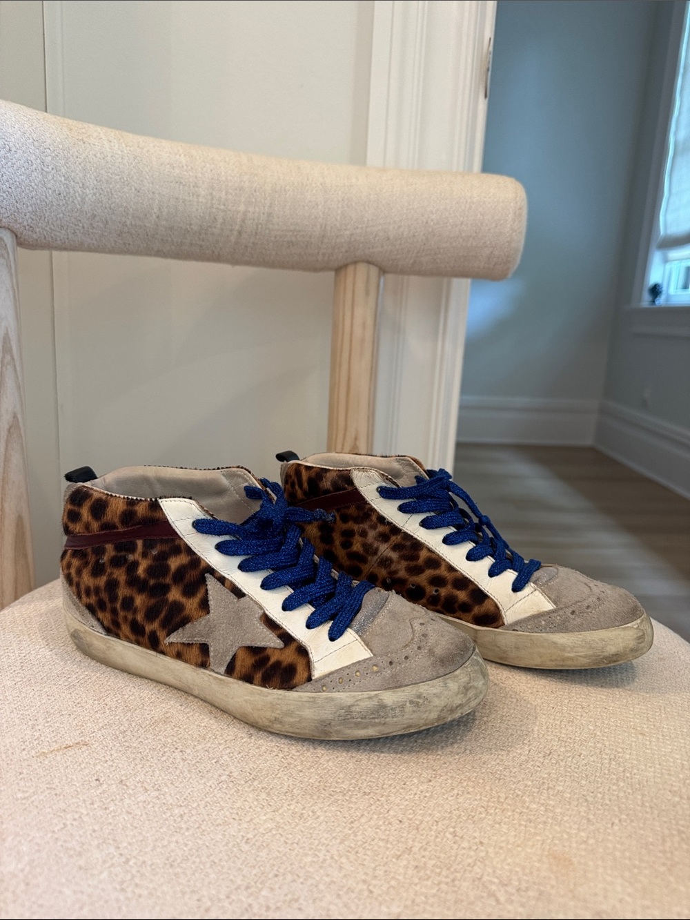 Golden Goode Leopard Print Midstar Sneakers with Metallic Blue Laces